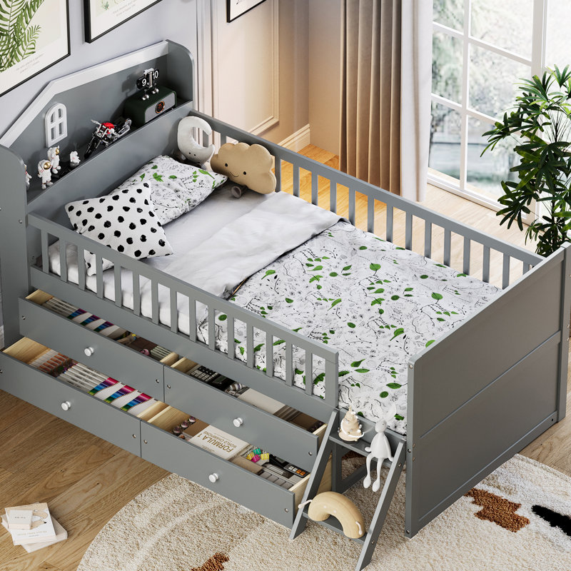 Cadre de lit simple pour lit double, gris, 4 tiroirs, garde-corps, tête de lit style maison, escalier à 2 marches et rangement sous le lit, lit plateforme, aucun sommier nécessaire