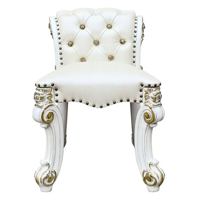 Beige Faux Leather Armless Vanity Stool, Nailhead Trim On Scrolled Seat Base, Comfortable Padded Seating For Bedroom, 28 Inches High, 21 Deep Button - Rolled , Base With Trim, 25 Wide Bedroom
