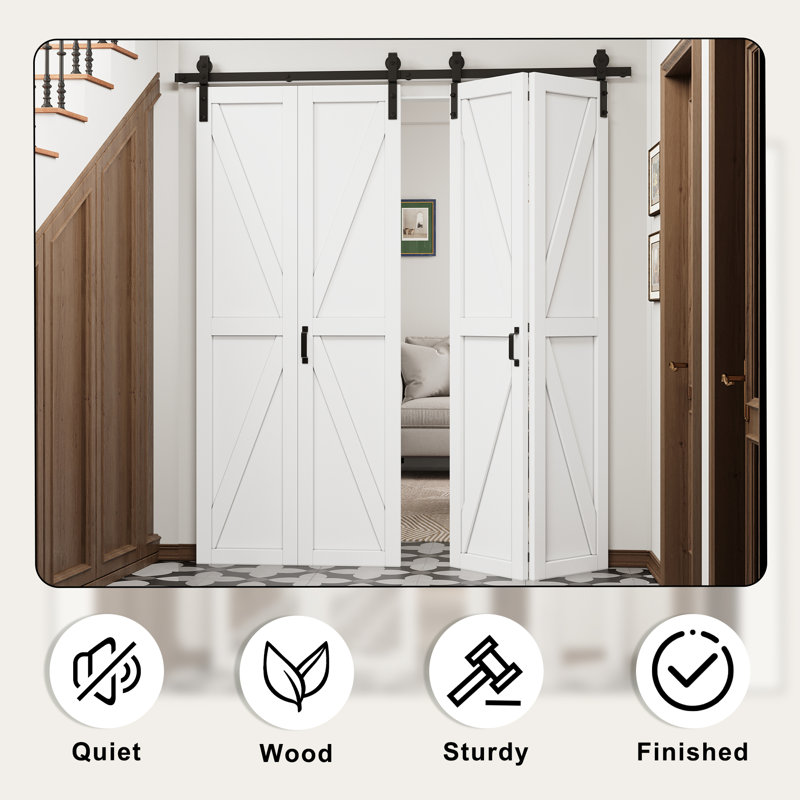 Porte de grange double en bois à double panneau avec trousse de quincaillerie d'installation, 64 po x 84 po