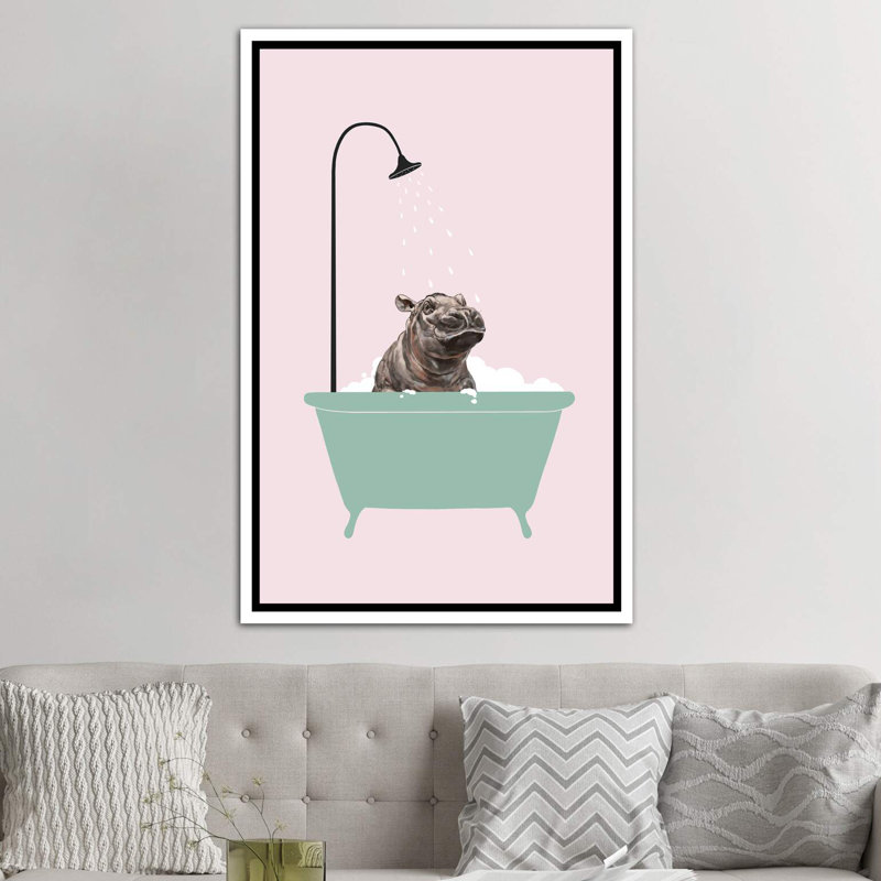 Hippopotame dans une baignoire, art encadré, H 60 po x l 40po x P 1,5 po, Toile avec cadre noir