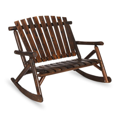 Outdoor Rocking Bench, 2-Person Rustic Adirondack Log Rocker With Slatted Seat, Backrest/Armrests, Double Patio Porch Rocking Loveseat For Garden Back by Millwood Pines