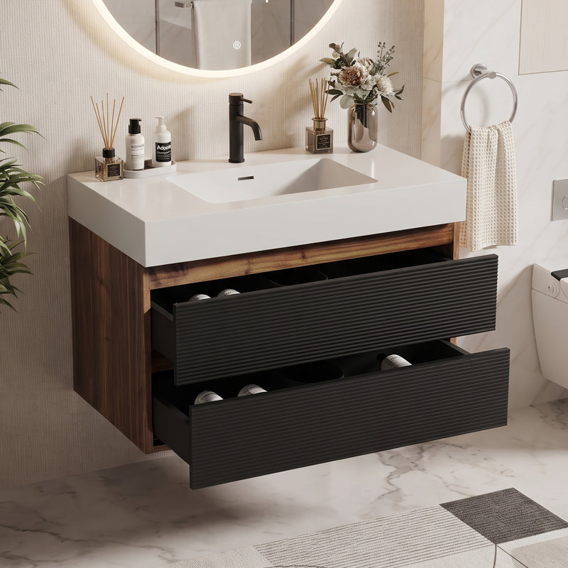 Wall Mounted Single Double Single Vanity Bathroom Vanity With Solid Surface Top, Walnut+black