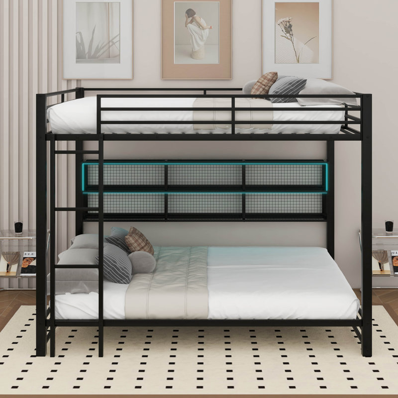 Metal Queen Over Queen Bunk Bed With Storage Cabinets And LED