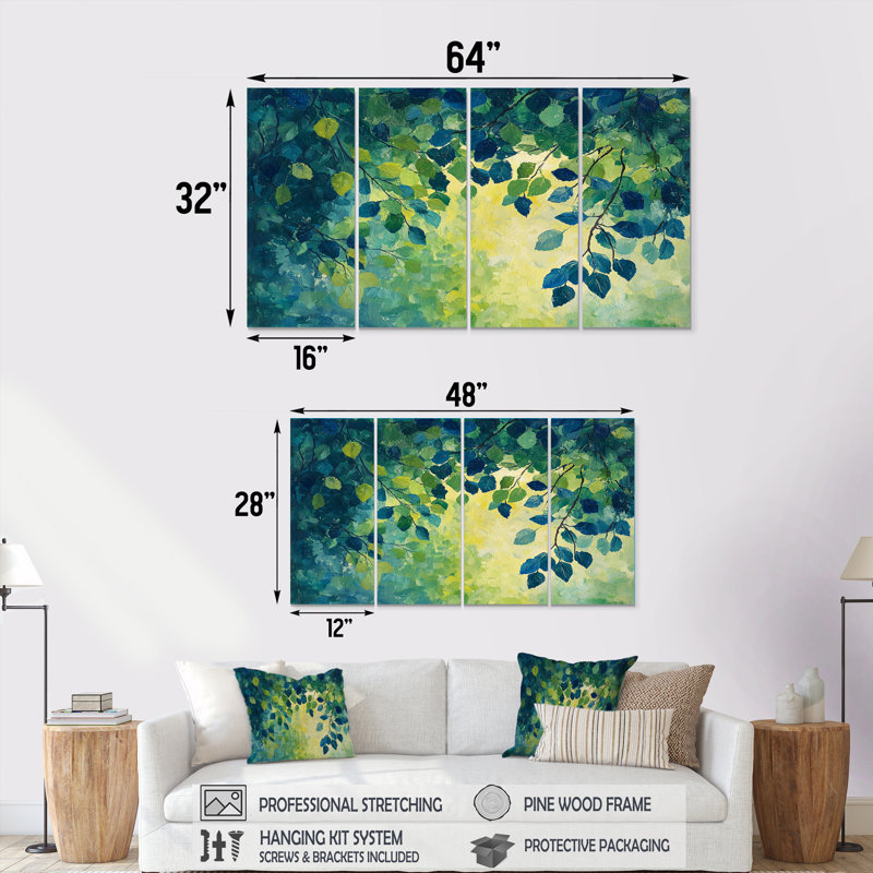 Feuilles vertes et bleues Foret Tranquility I - and - Art mural traditionnel pour le salon, H 32 po x l 64 po, 4