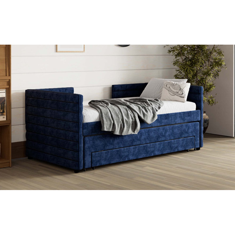 Twin Size Upholstered Daybed with Trundle and 3 Storage Drawers, Chenille Fabric Sofa Bed for Guest Room, Living Room, Space-Saving Modern Day Bed Frame, No Box Spring Needed