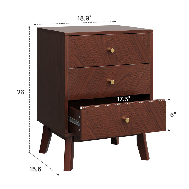Mid-Century Modern 3-Drawer Nightstand, Set of 2