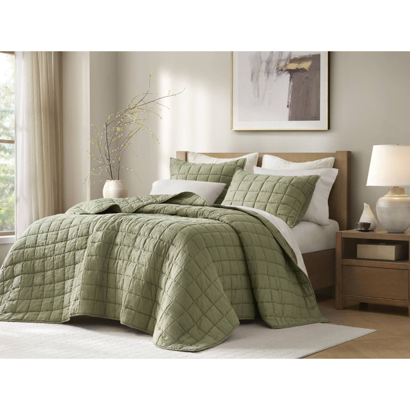 Ensemble de courtepointe 100% lin French Flax, Courtepointe double et 2 taies décoratives standa, Vert olive