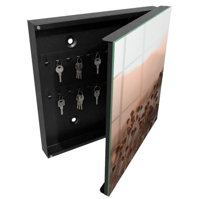 Key box for home, Opens to the left, 30x30x5, White, A warm, harmonious landscape with dry flowers, 