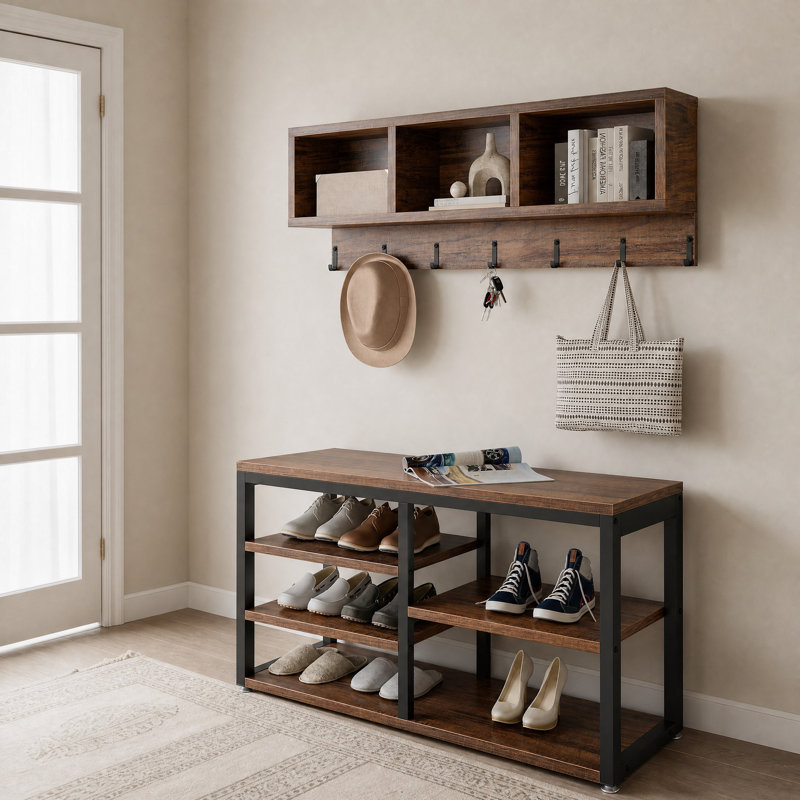 Edalyn 31.5"  Wide Hall Tree with Bench and Shoe Storage, Rustic Brown
