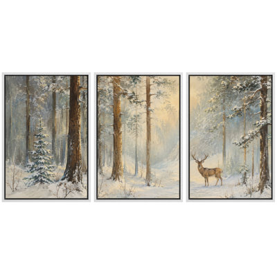 Paysage hivernal avec des chevreuils dans une forêt enneigée, œuvre d'art, tableau pour chambre, impression giclée sur toile encadrée en 3 parties - 3 pièces de 40 x 60 cm et 3 pièces de 60 x 90 cm