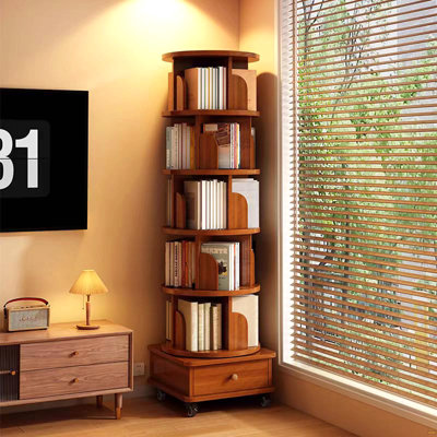 Rotating Bookshelf, 360 Display Corner Bookshelf For Small Space, 6 Tier Bookcase Storage Rack With Wheels, Wood Narrow Organizer