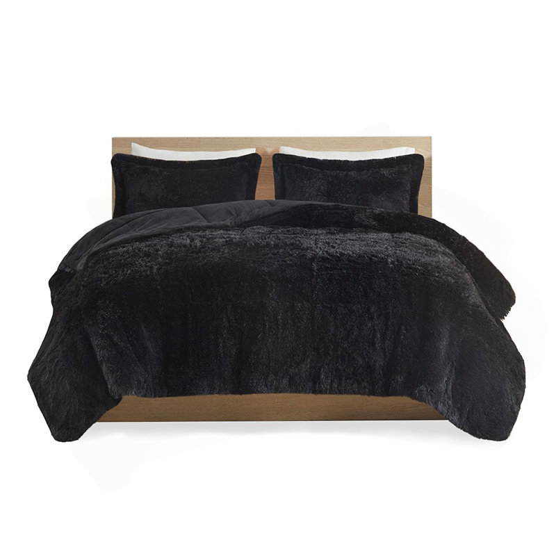 Ensemble d'édredon à poil long très grand King / Cal King, Édredon pour très grand lit + 2 taies décorativ, Noir