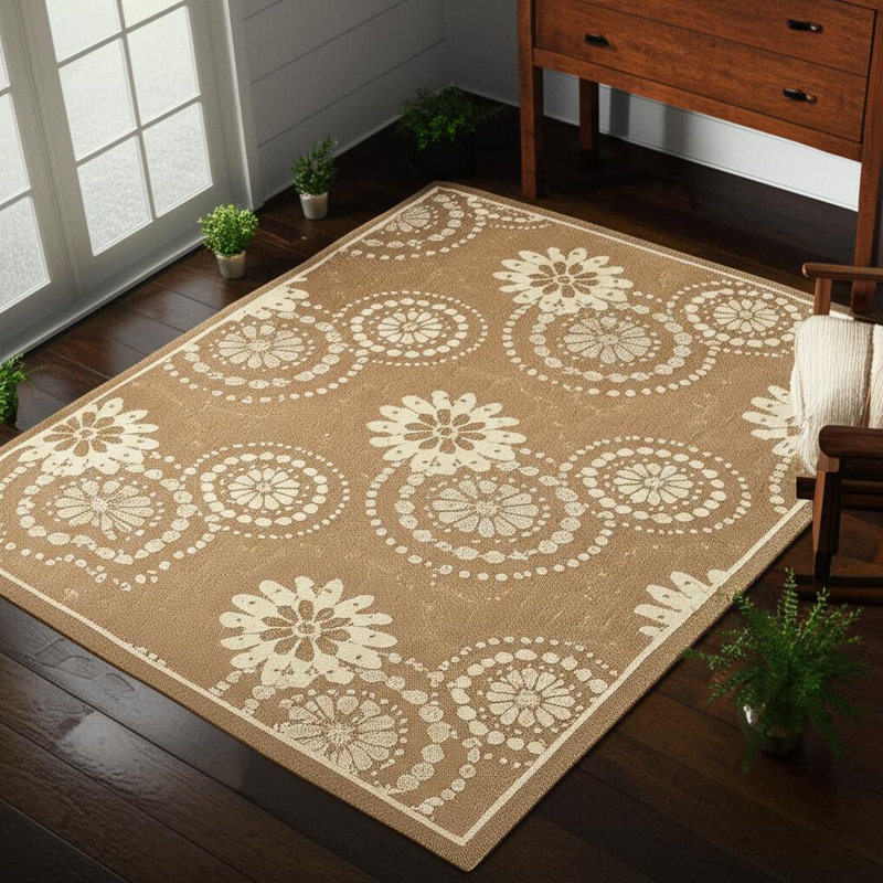 Tapis tissé à la machine intérieur / extérieur brun et beige Piyush Sunburst, 5 pi x 8 pi