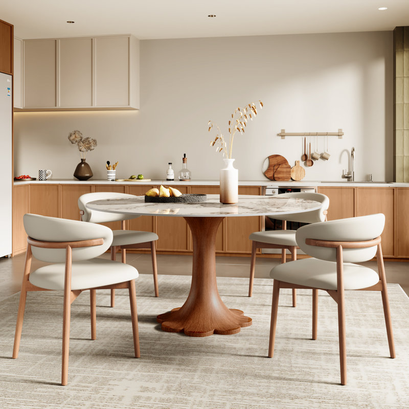 Mid-Century Modern Snow/Sand Sintered Stone Round Colyer Solid Wood Floral-Shaped Pedestal Walnut/Dark Walnut Tone (1 Table, 4/6/8 Chairs)