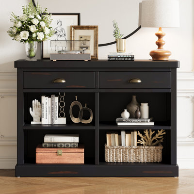Console avec 2 tiroirs et tablettes de rangement ouvertes, table d'entrée