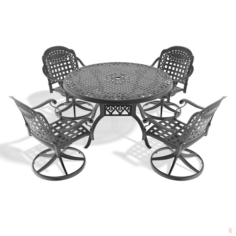 Cet ensemble de salle à manger en fonte d'aluminium toutes saisons comprend des chaises pivotantes et une table ronde avec cadre noir
