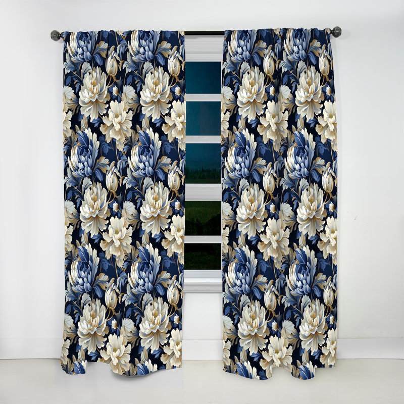 Harmonie damassée Zen - blanc et bleu - rideau damas - rideau obscurcissant - 1 panneaux, L 52 po x L 90 po