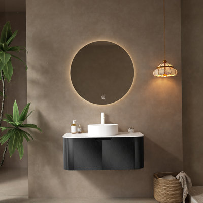 Meuble-lavabo de salle de bain avec lavabo, armoire de rangement de salle de bain moderne à bordures courbes et flottantes avec tiroir, lavabo en marbre artificiel blanc sans robinet, pré-assemblé