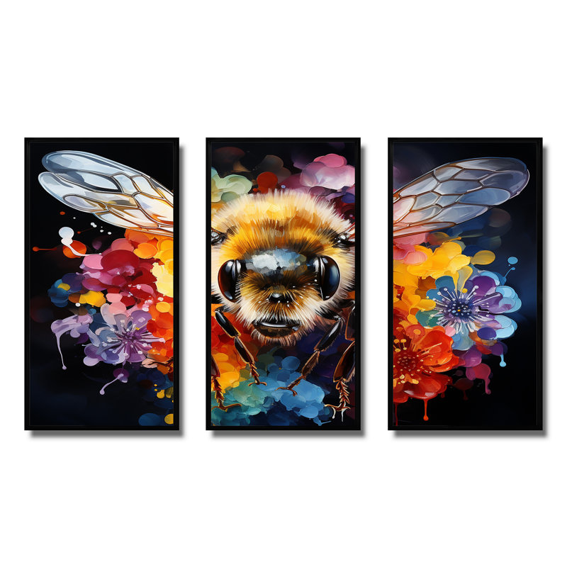 Art mural coloré insectes et insectes, H 40 po x l 60 po, Cadre flottant noir