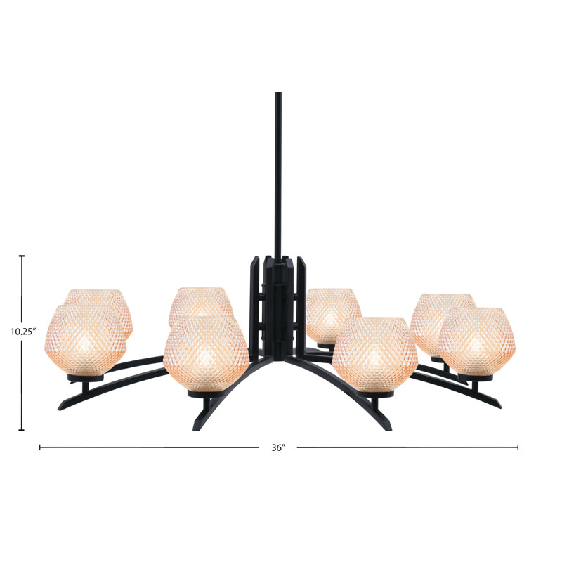 Lustre 8 lumières Rossendale présenté en finition noir mat avec verre texturé ambre de 6 po