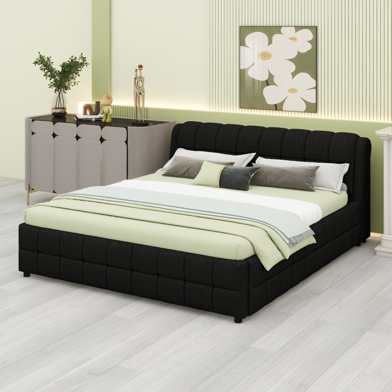 Lit plateforme élégant à finition en tissu avec silhouette épurée, Noir