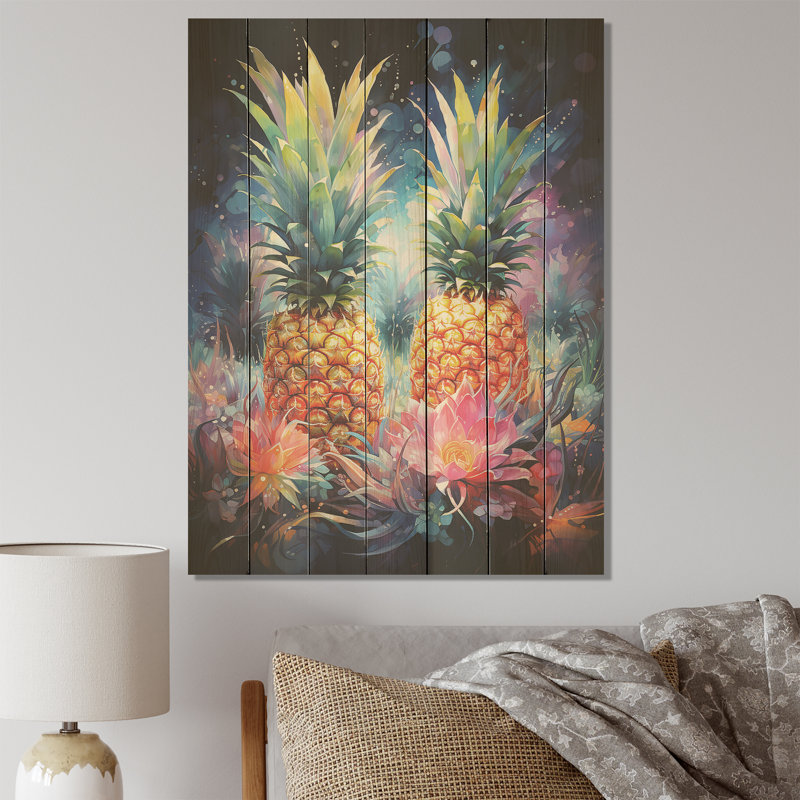 Ananas cosmique vert et jaune II - ananas sur bois, H 40 po x l 30 po