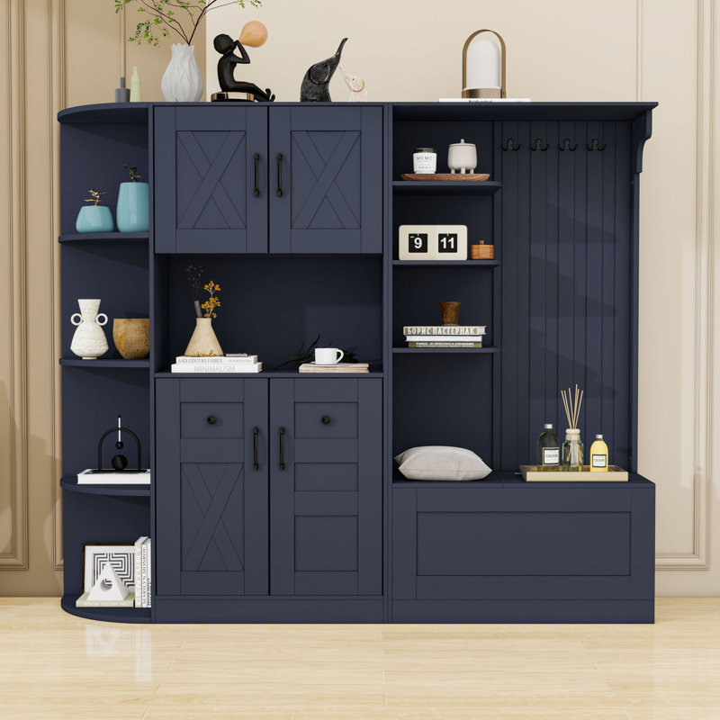 Versatile Hall Tree Combination with Storage Shelves, Hooks, Shoe Bench and Cabinet, Antique Blue