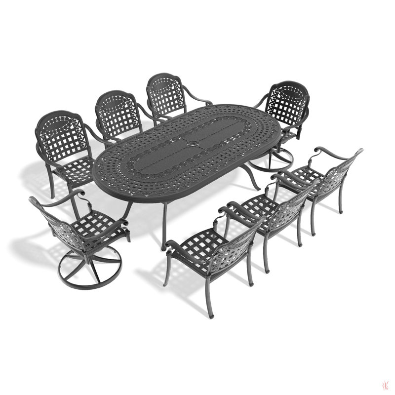 L'ensemble de salle à manger en fonte d'aluminium toutes saisons comprend des chaises pivotantes, des chaises de salle à manger et une table rectangulaire avec cadre noir