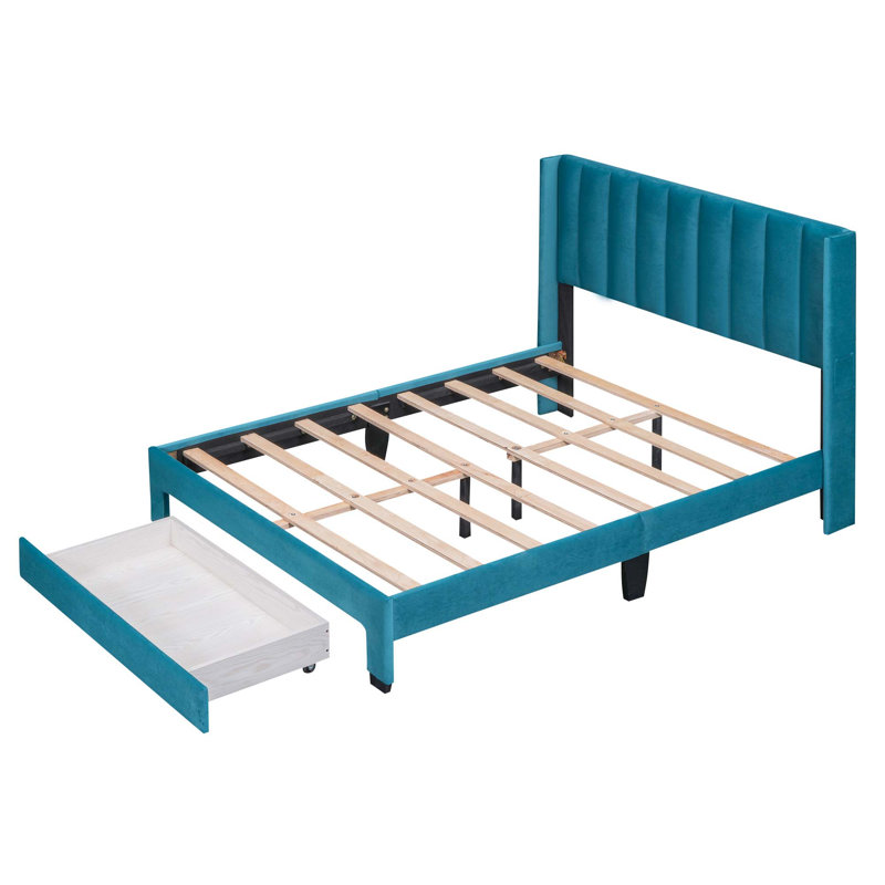 Lit plateforme à panneau de rangement Izaiha, Double, Bleu