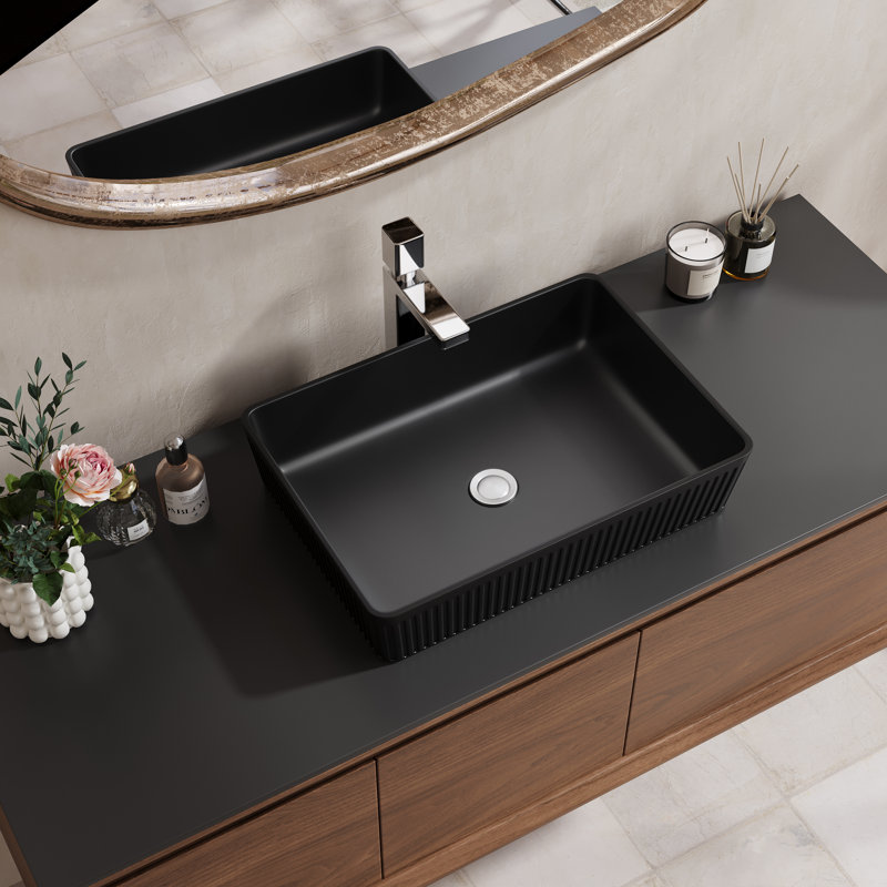 Lavabo de salle de bain rectangulaire à rayures 19,5 po, vasque en céramique sans robinet, sans armoire, noir