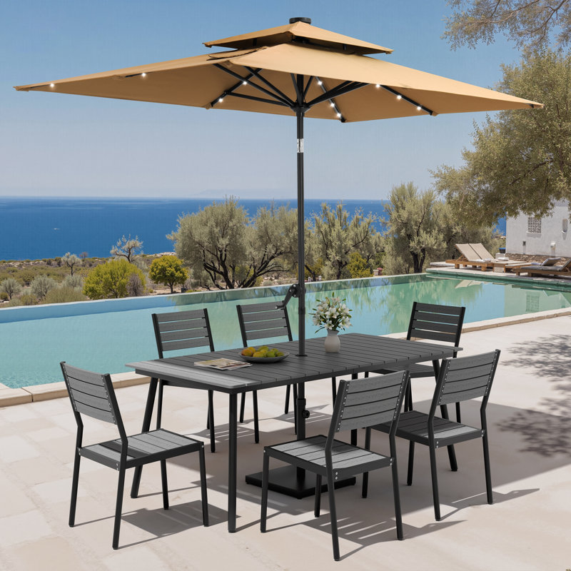 Ensemble de salle à manger en aluminium pour 6 personnes avec chaises empilables, parasol solaire à DEL et base lestée, Navy