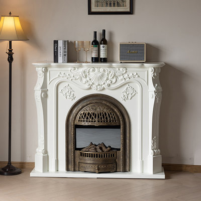 French retro solid wood carved simulated fire fireplace cabinet