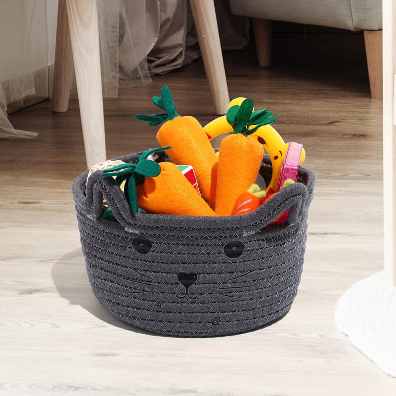 Cat Storage Basket Woven Organizer With Ears Decorative Pet Toy Cute Bin Cotton Rope Basket For Gift Cat Dog Toy Container Nursery Room