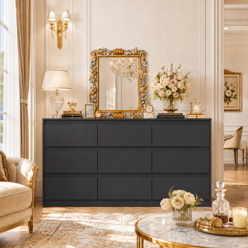 Commode à 9 tiroirs de 160 cm de large avec tiroirs de différentes tailles et glissières métalliques, grand meuble de rangement pour chambre à coucher