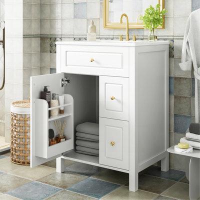 Meuble-lavabo de 24 pouces avec lavabo en céramique, 1 porte à fermeture en douceur, 2 tiroirs à fermeture en douceur et 2 supports de rangement sur la porte