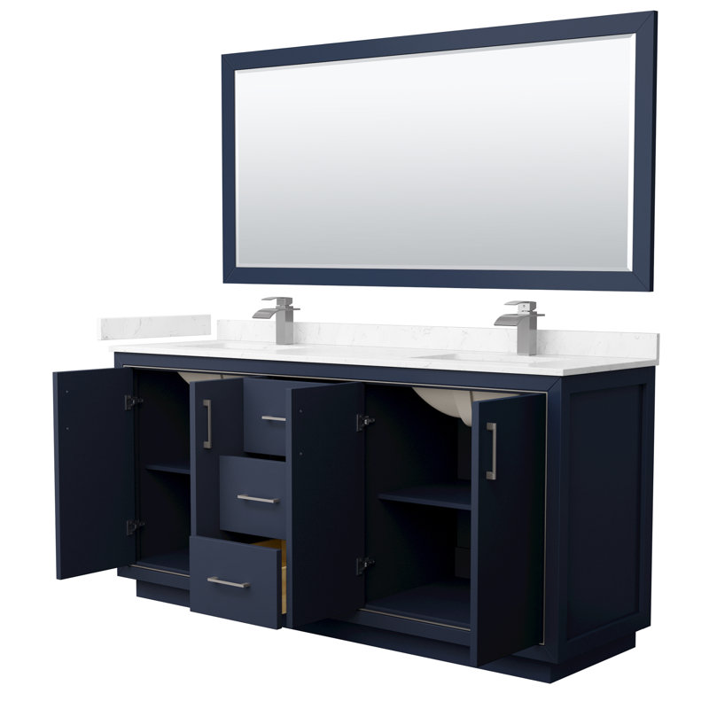 72'' W Double Vanity, Carrara, Brushed Nickel, Dark Blue