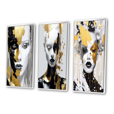 Glam Portrait Of Exquisite Young Woman Gold - Fashion Woman Art Set Of 3 Pieces