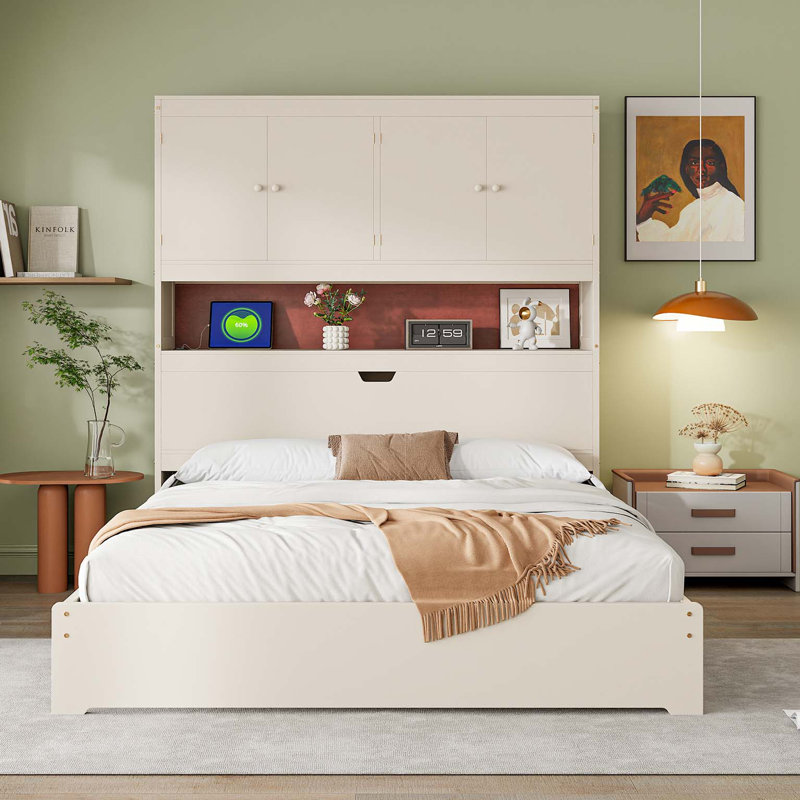 Lit plateforme double en bois avec USB, tête de lit et tiroirs de rangement, crème