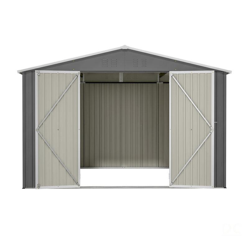 Remise de rangement extérieure 10 x 10 pi, grandes remises à outils en métal avec une structure de cadre actualisée et des portes verrouillables, remise de jardin pour la cour de jardin, gris