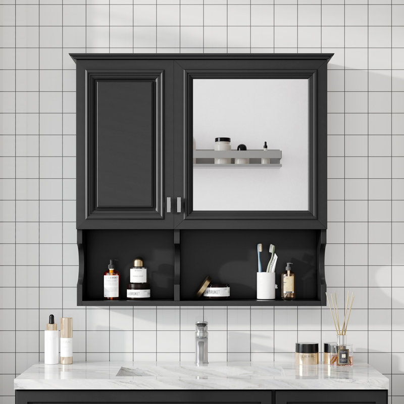 Pharmacie à miroir 30 pouces avec tablettes ouvertes, Noir