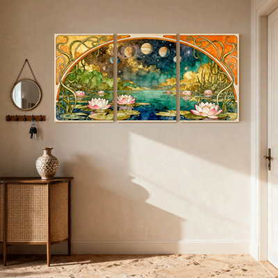 Étang de lotus fantastique avec ciel céleste, ensemble de 3 impressions sur toile