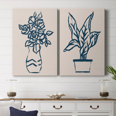 Croquis de plantes bleu marine I - Toile tendue avec châssis de qualité supérieure - Prêt à être accroché