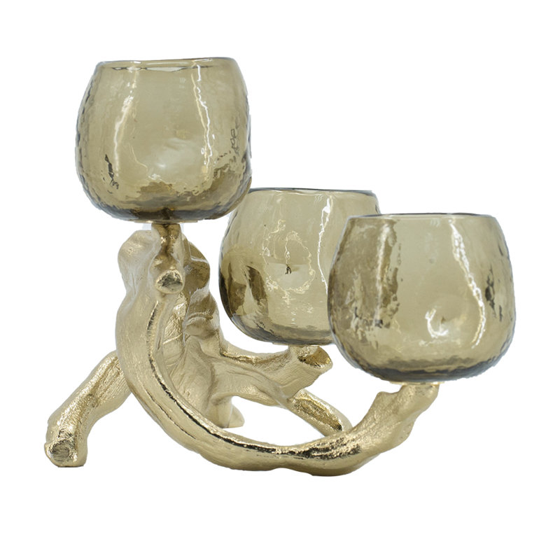 Dyna Votive With 3 Holders, Multiple Branches Accents, Gold Glass 16 Inch