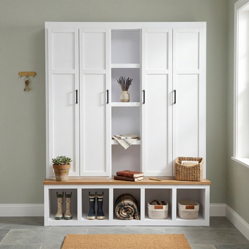 White Farmhouse-Style Four-In-One Entryway Coat Rack, 62.8 Inches Wide, With 6 Hooks, Open Shelves, And A Bench, Suitable For Living Room And Hallway.
