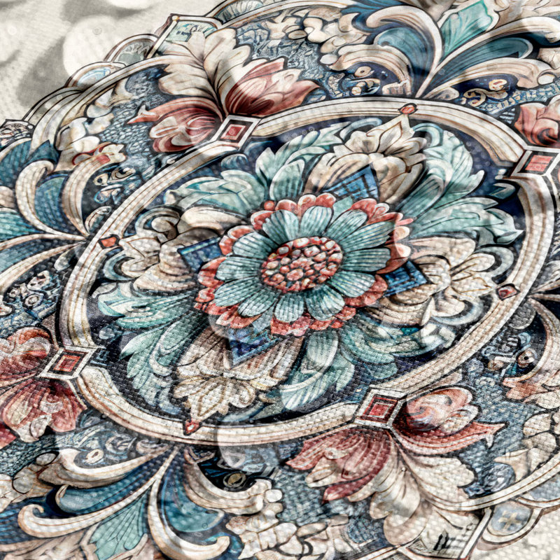 Seafoam Ivory Ruby Ethnic Floral Table Runner and Placemats Set