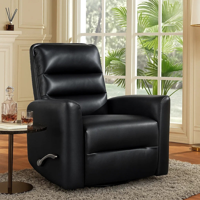 Demy Swivel Glider Manual Reclining Chair, Black Faux Leather Cushions, Black