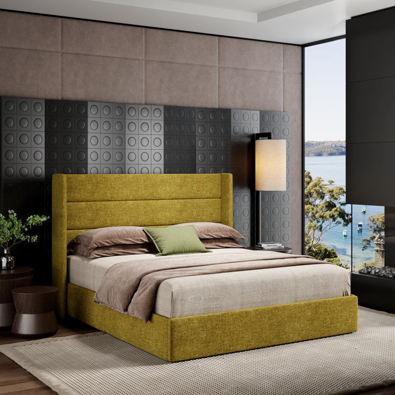 Lit plateforme tapissier avec rangement Bradenburg, Grand, Jaune