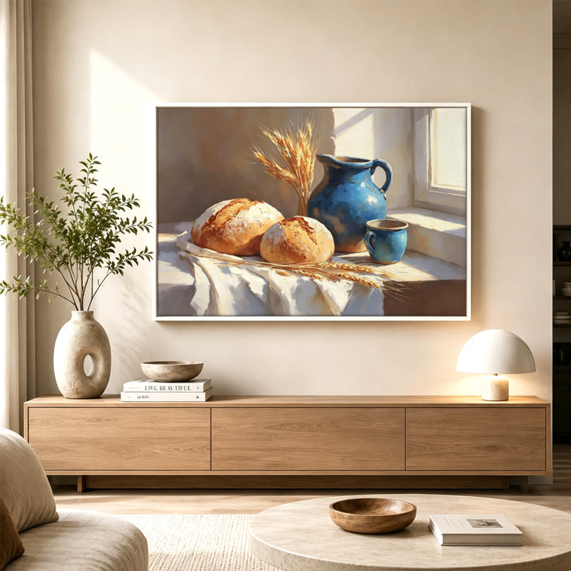 Tableau sur toile avec cadre flottant, représentant des épis de blé et un pichet bleu, prêt à accrocher., 16x24in, Black