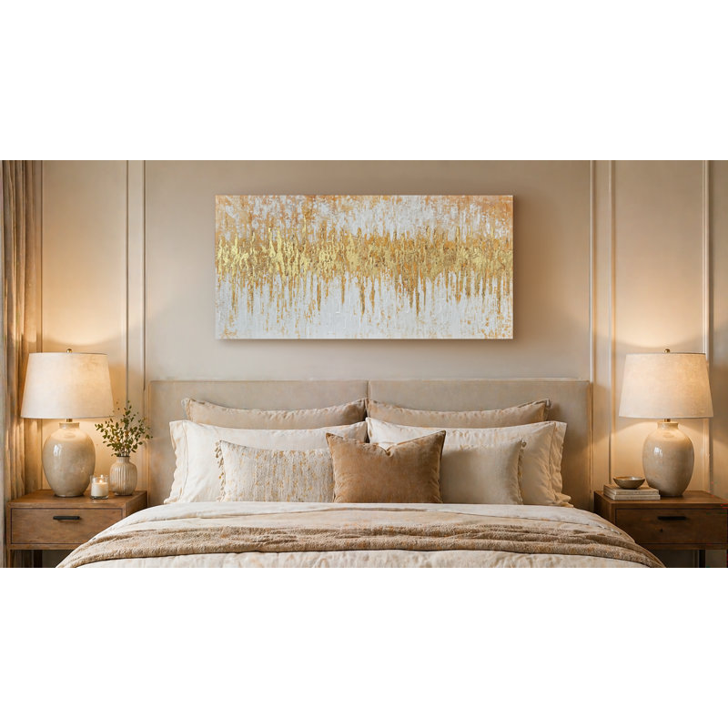 Gold Textured Abstract Canvas Wall Art, Handmade Texture & Foil Effect, Neutral Horizontal Decor, 55" W x 27.5" H