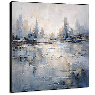 Impression sur tissu grand format - Motif reflet de la ligne d'horizon urbaine bleu-gris neutre pour salon ou chambre - « Assemblage du cadre requis (cadre non fini) »